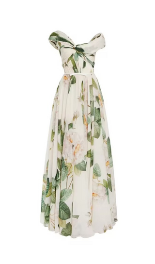 SLEEVELESS GREEN PRINTED BATEAU NECKLINE OFF-SHOULDER TUBE TOP MAXI DRESS