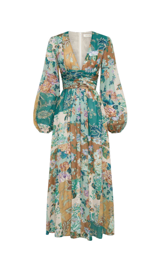 PUFF SLEEVE FLORAL PRINT V NECK RUCHED MIDI DRESS