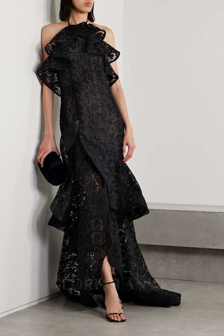 LYNN GARDENIA GUIPURE LACE RUFFLE GOWN IN BLACK