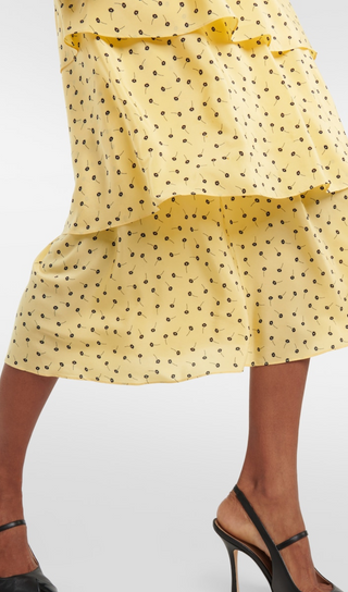 YELLOW POLKA DOT FLORAL SILK MIDI DRESS