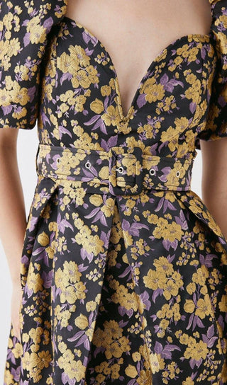 FLORAL JACQUARD PUFF SLEEVE DRESS