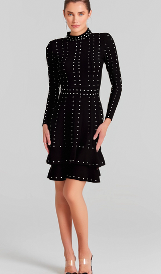 Fabienne black embellished ruffled knitted mini dress