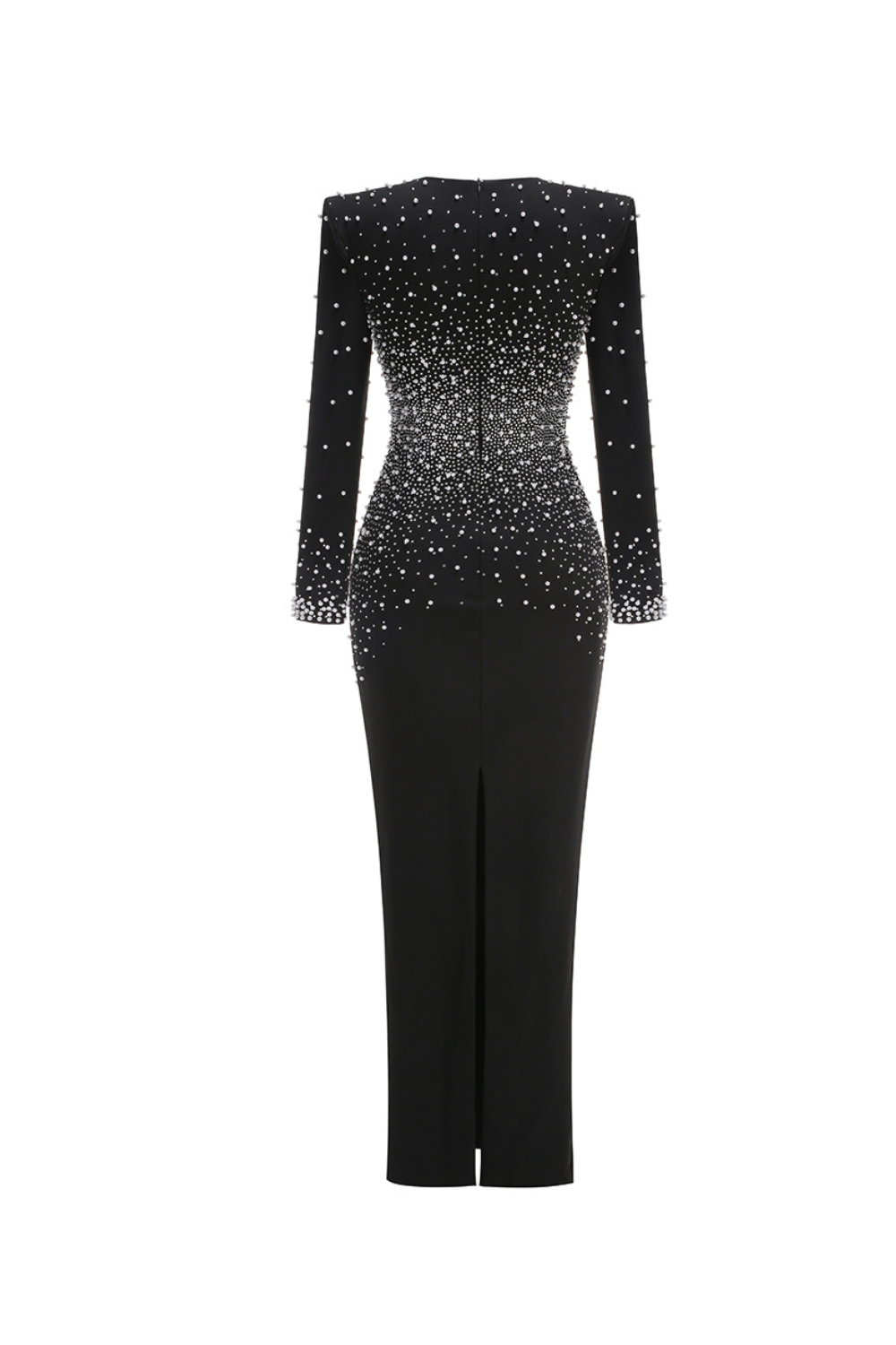 Robe longue noire à col en V ornée de perles