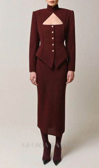 Aymee Cutout Button Blazer in burgundy