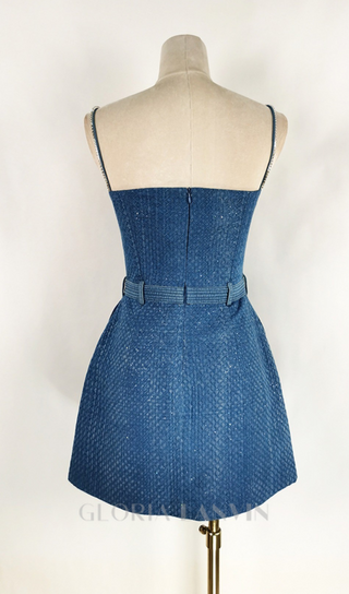 ANDREA DENIM RHINESTONE SUSPENDER MINI DRESS IN BLUE