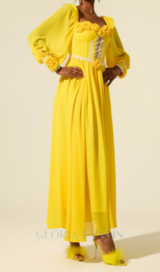 Chiffon 3D Flower Long Sleeve Midi Dress in yellow