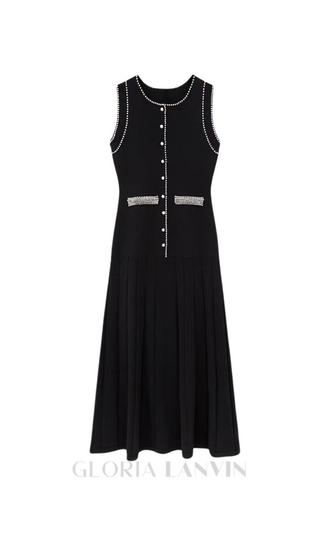 SALOME BEADED TRIM SLEEVELESS KNIT BLACK MIDI DRESS