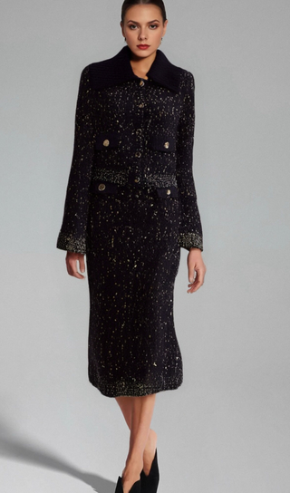 Claudine navy crochet-knit jacket & skirt matching set