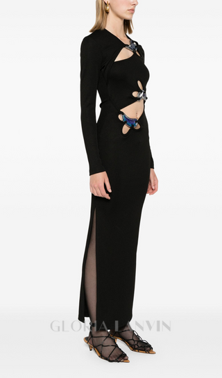 SALLY BLACK LONG SLEEVE CUT-OUT RIBBED MAXI DRESS