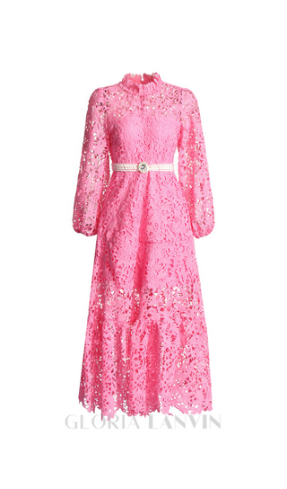 TARA PINK LACE EMBROIDERED LONG SLEEVE MIDI DRESS