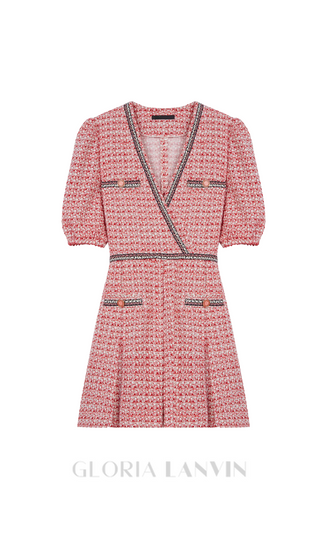 Tweed dress with ethnic trim in pink