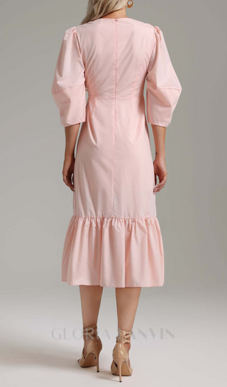 ANTONIA PINK PUFF SLEEVE RUFFLE MIDI DRESS