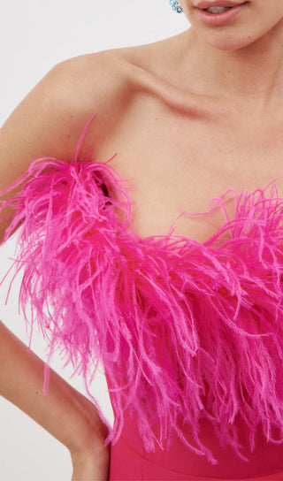 HOT PINK FEATHER BODYCON MAXI DRESS