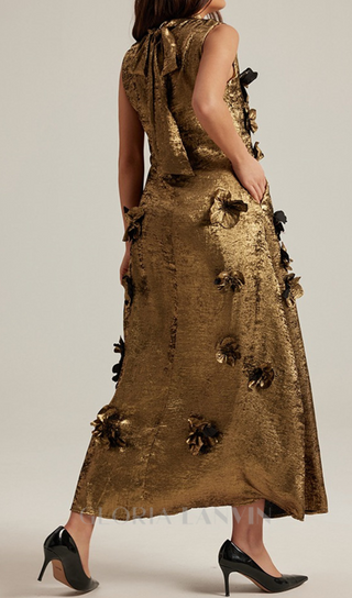 3d floral embellished maxi dress in gold