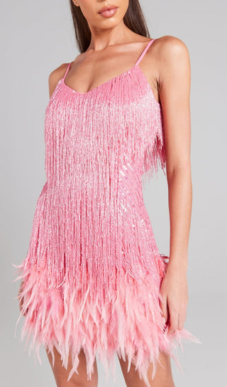 PINK TASSEL FEATHER MINI DRESS