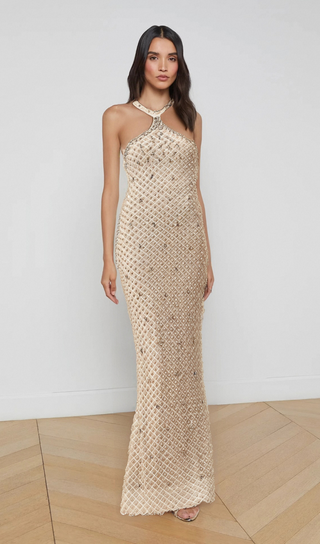 Claudine white embellished halterneck maxi dress