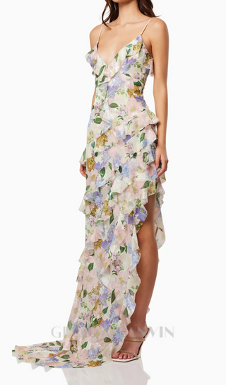 ASYMMETRICAL RUFFLE TRIM PRINT GOWN IN PINK