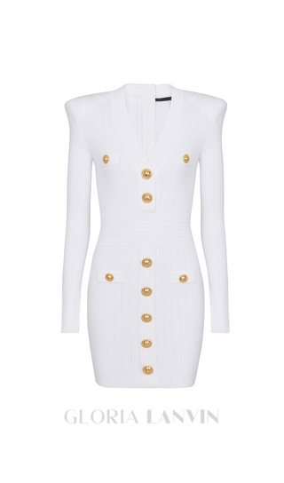 TARA WHITE SHORT KNITTED MINI DRESS WITH GOLD BUTTONS