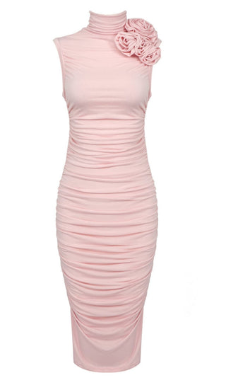 RUCHED APPLIQUÉD MIDI DRESS IN LIGHT PEACH DRESS OH CICI 