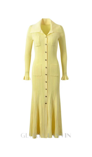 Rib-Knit Fluted Midi Shirt dress in yellow