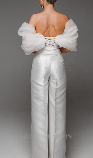 ANILA WHITE TULLE SLEEVE OFF-SHOULDER CORSET JUMPSUIT