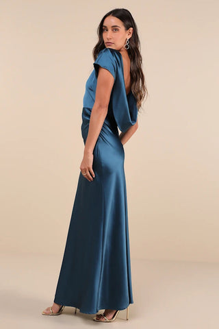 satin cowl back maxi dress in dark teal