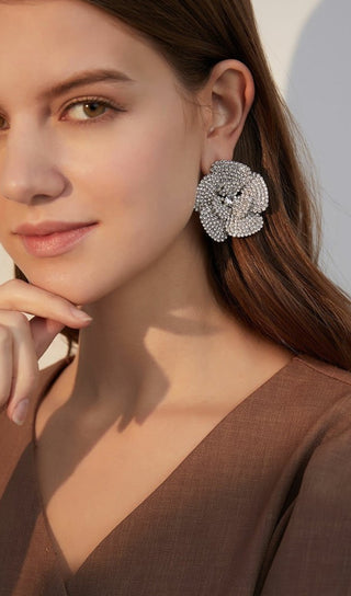 SILVER FIVE-PETAL RHINESTONE EARRINGS