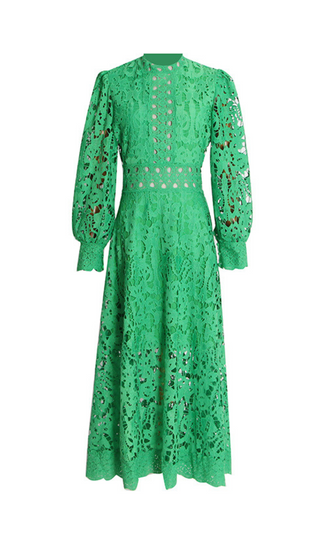 ROBE MIDI DÉCOUPÉE EN DENTELLE CREUSE VERTE KENZIE