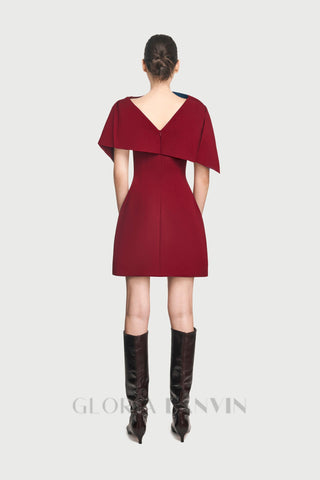 A-line burgundy mini dress with asymmetrical shoulder pleat