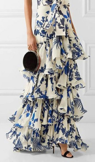 CAROLINE SLEEVELESS RUFFLED PRINT HALTER MAXI DRESS