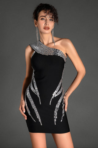 ONE SHOULDER RHINESTONE MINI DRESS IN BLACK