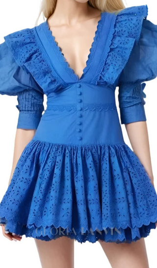 BLUE V-NECK EMBROIDERED RUFFLED MINI DRESS