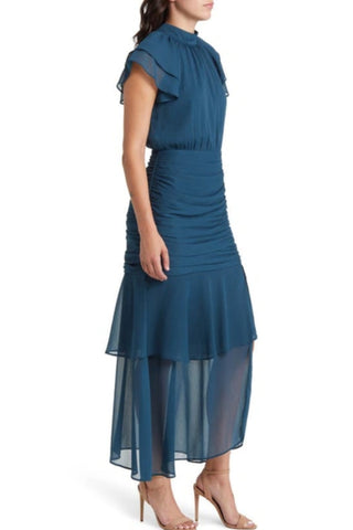 Ruched Ruffle Chiffon Maxi Dress In Teal