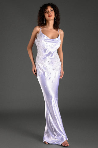 WHITE ALANIDES BEAD APPLIQUE SATIN DRESS