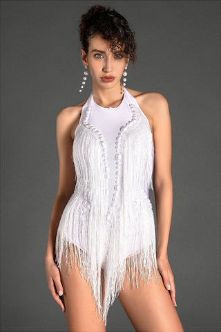 PEARL FRINGE EMBELLISHED BODYSUIT IN WHITE