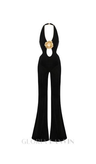 CHRISTINE BLACK JUMPSUIT WITH GOLD FLOWER DETAILS