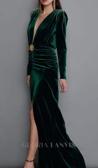 PHILIPPPA VELVET TASSEL V-NECK MAXI DRESS IN GREEN