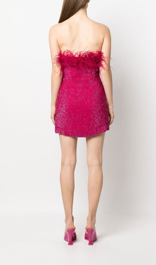 SEQUIN FEATHER STRAPLESS MINI DRESS IN PINK