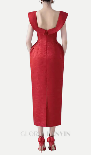 square neckline bow midi dress in red