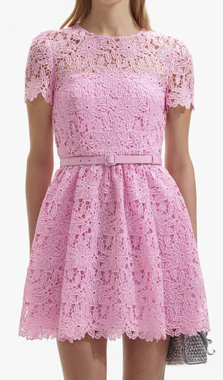 PINK GUIPURE ROUND NECK MINI DRESS