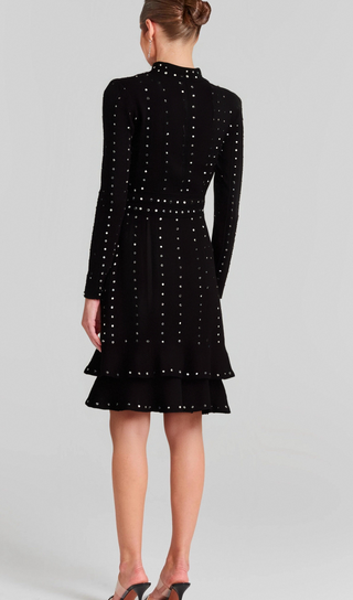 Fabienne black embellished ruffled knitted mini dress