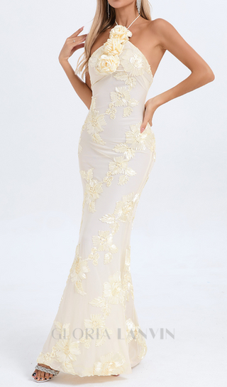 GABRIELLE EMBOIDERED FLORAL HALTER MAXI DRESS IN PALE YELLOW