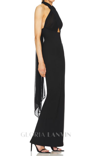 MERRY BLACK SHEER MESH UPPER PONTE LOWER MAXI DRESS