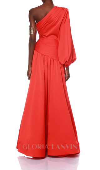 MEGAN RED SATIN PLEAT ONE-SHOULDER LONG SLEEVE MAXI DRESS