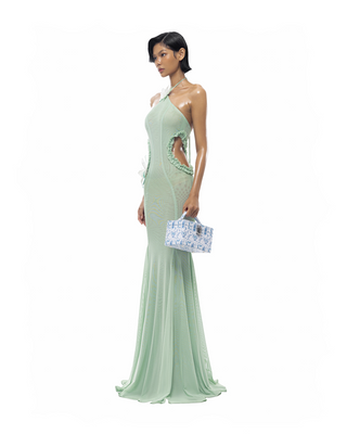 Butterfly Slip Halterneck Tulle maxi Dress in Green