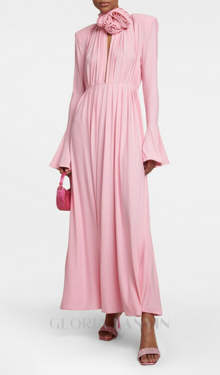 ERIN LANTERN SLEEVE HIGH COLLAR FLOWER SLIT MIDI DRESS IN PINK