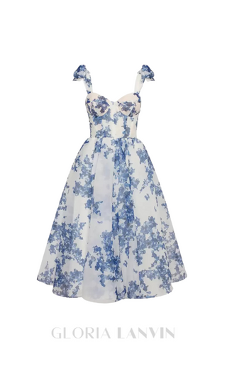 PRIMA PALE BLUE FLORAL A-LINE STRAP MIDI DRESS