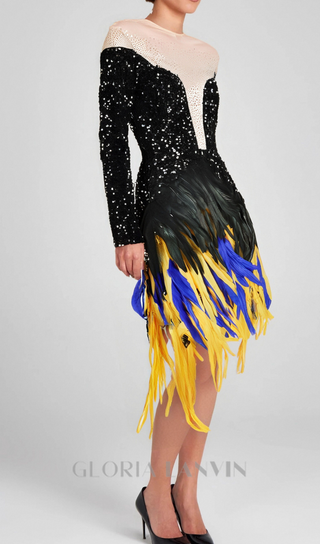 feather embellished sequin mini dress in black