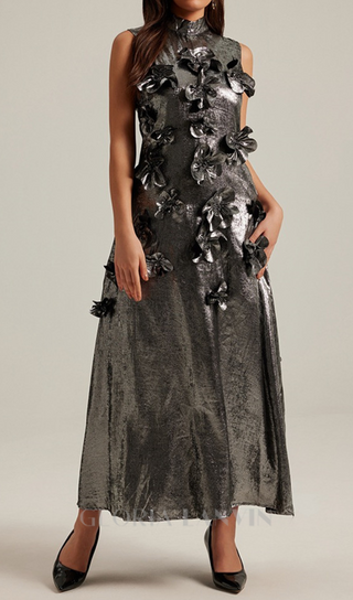 3d floral embellished maxi dress in grey