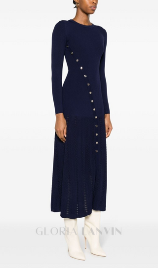 VIOLA RIBBED-KNIT MIDI DRESS IN NAVY BLUE